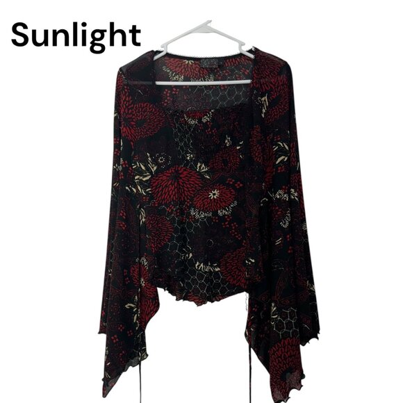 MCM Y2K Vintage Women Black & Red Floral Goth Top SZ  XL Bell Asymmetric Sleeve - Picture 1 of 16